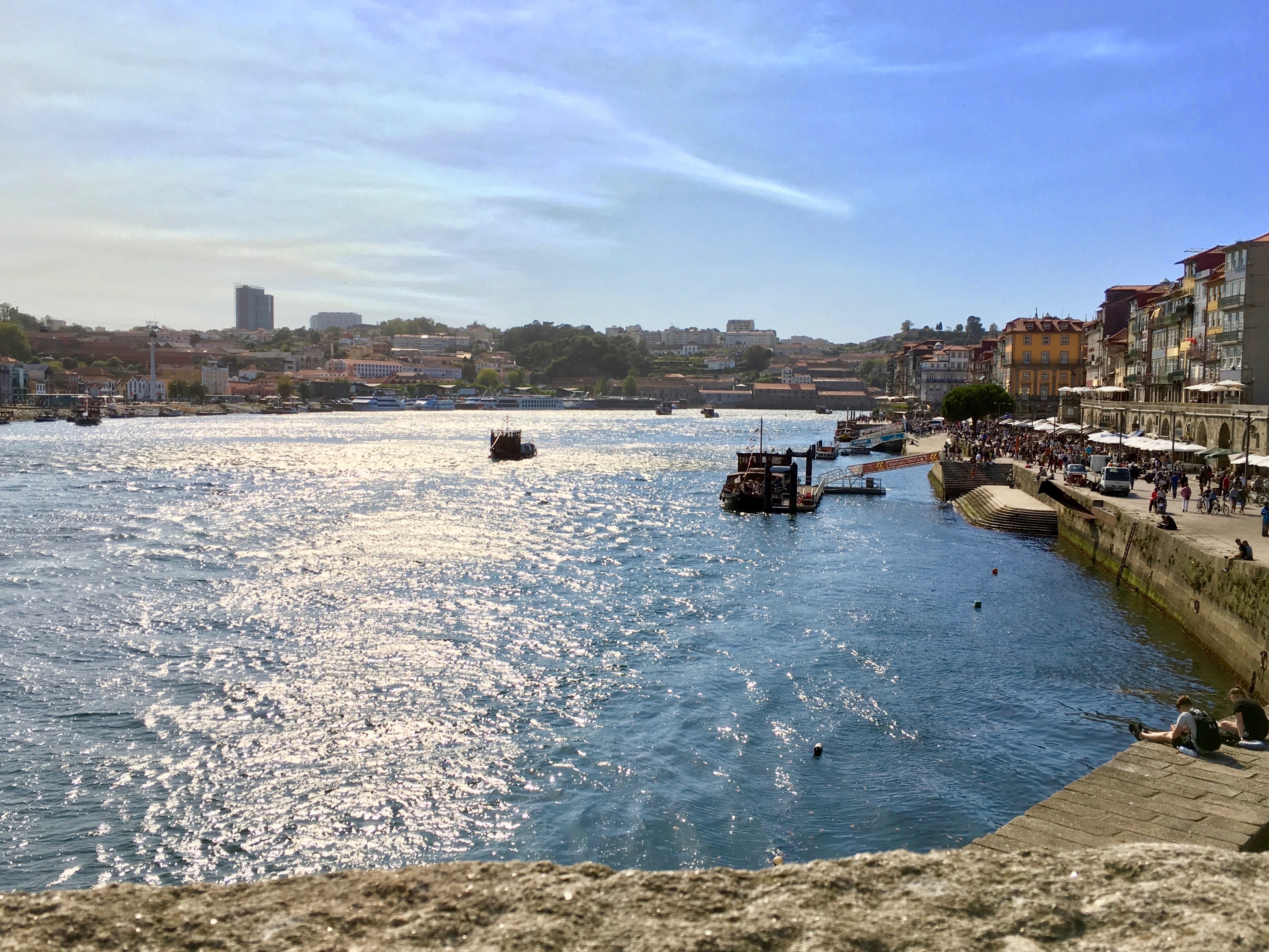 View of the sun shining brightly on the Douro river and the Ribeira from Bar Ponte Pensil