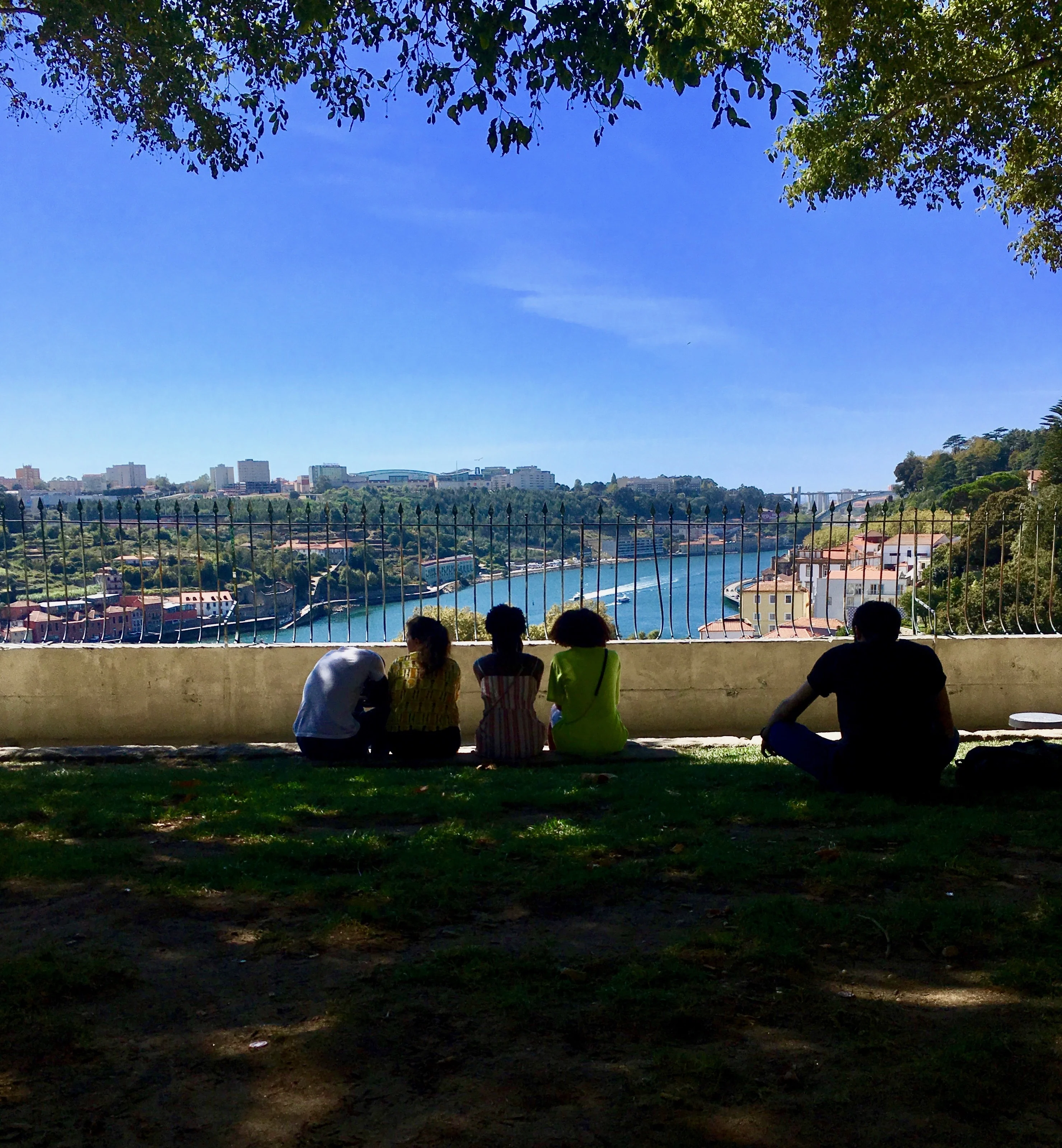 A group of people sitting in a park overlooking the Douro river