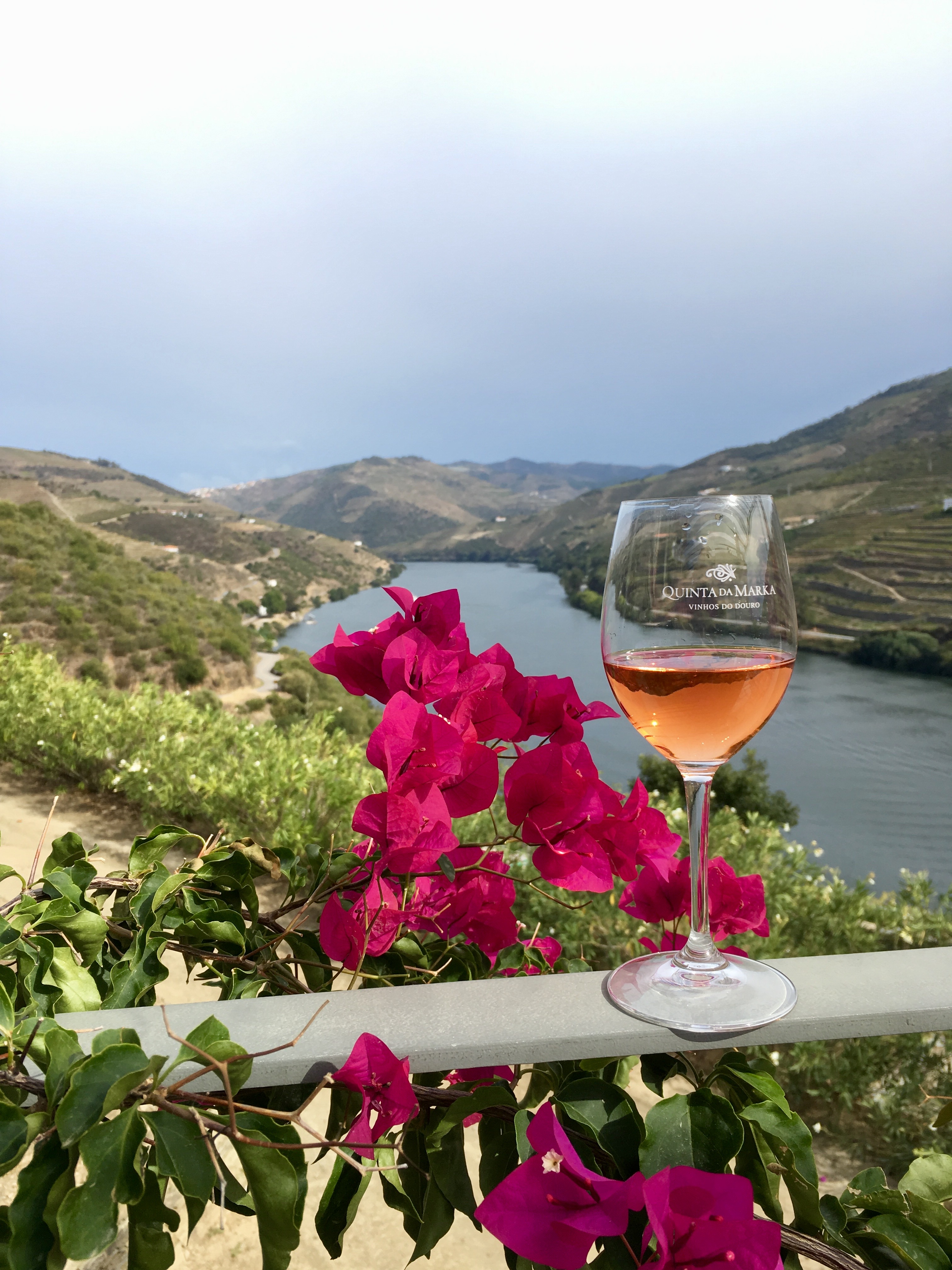 A glass of Douro Valley Rosé with pink flowers and the Douro river in the background