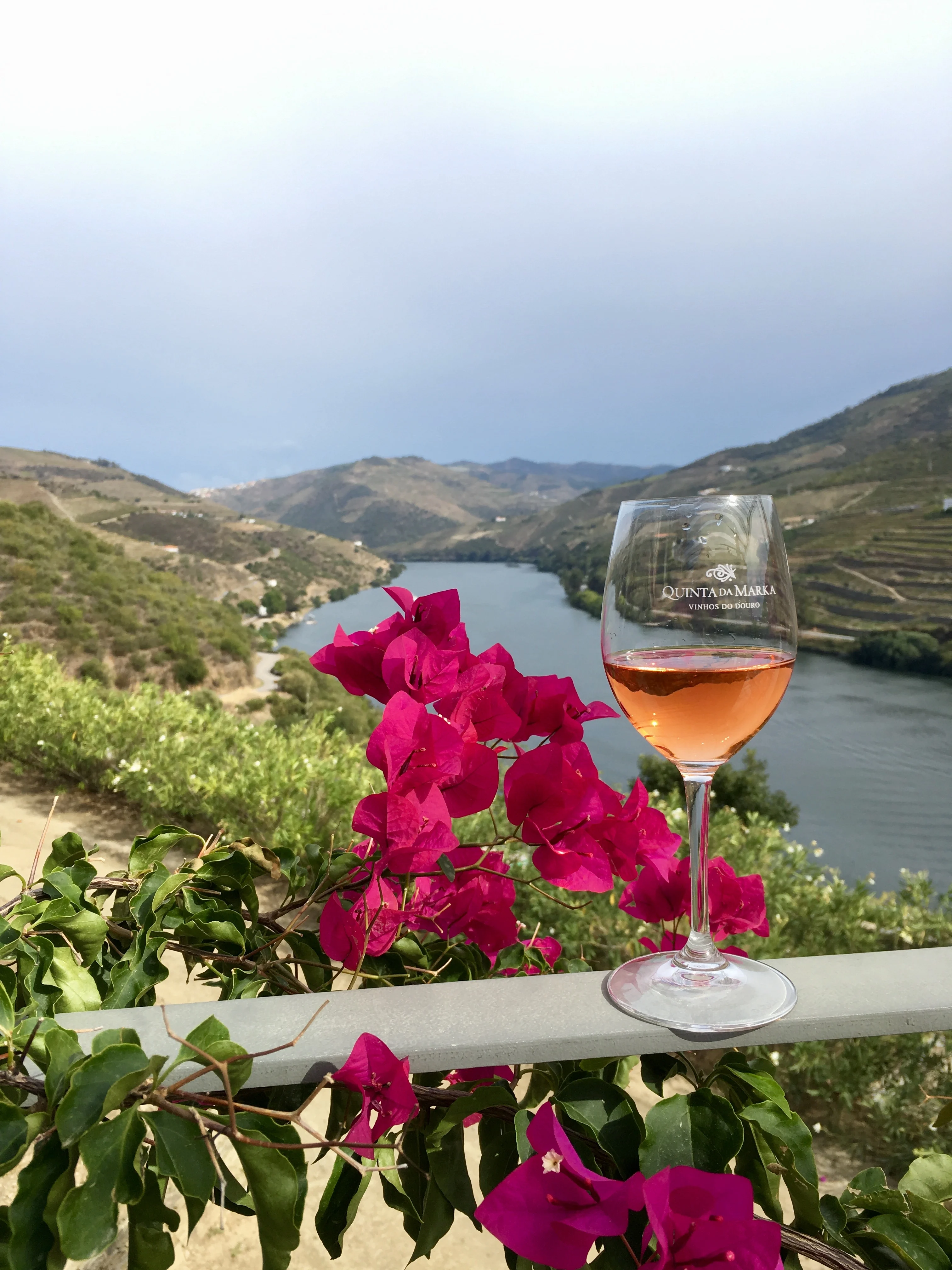 A glass of Douro Valley Rosé with pink flowers and the Douro river in the background