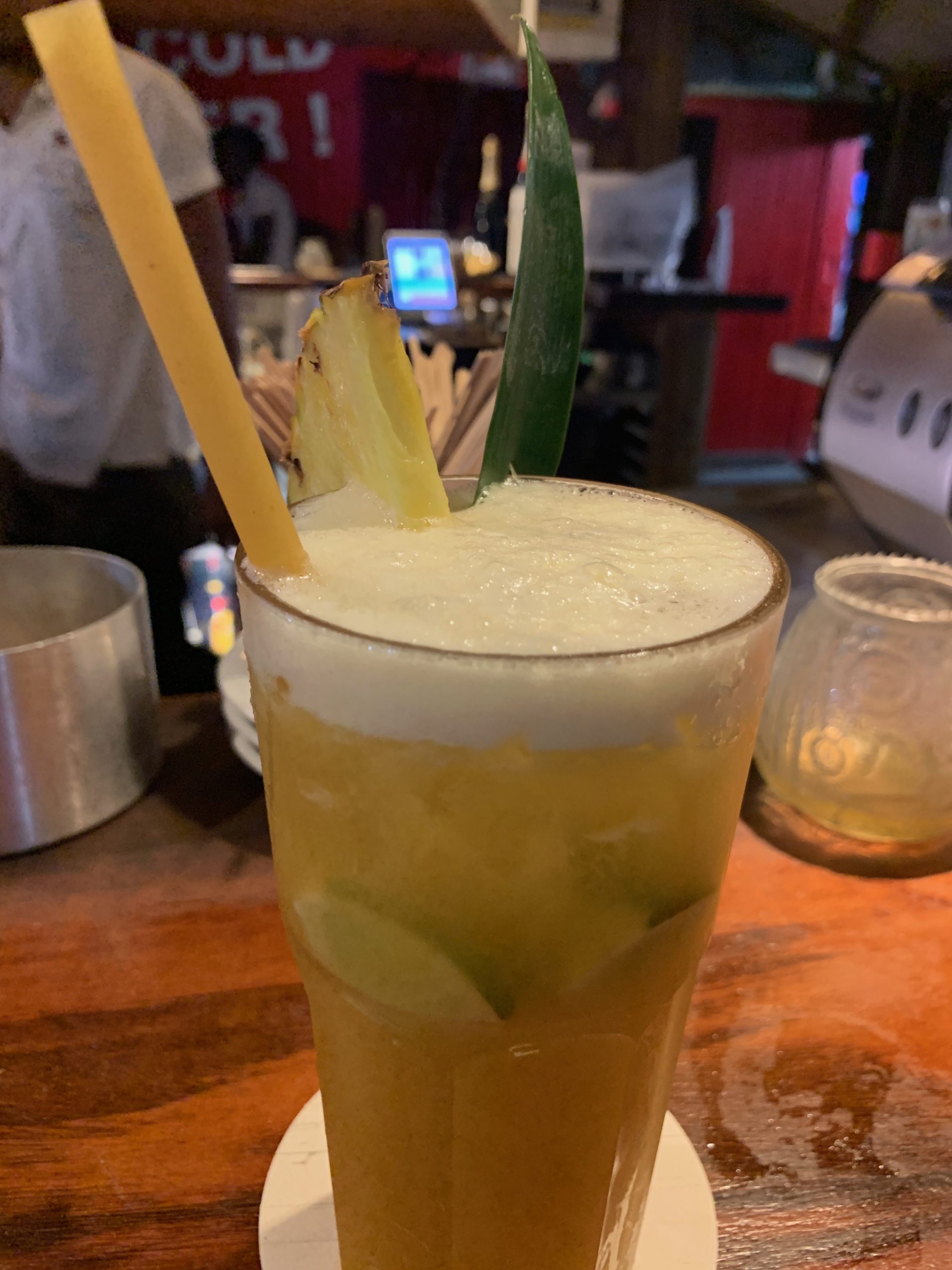 A Pina Colada with a sprig of aloe and a piece of pineapple on the rim