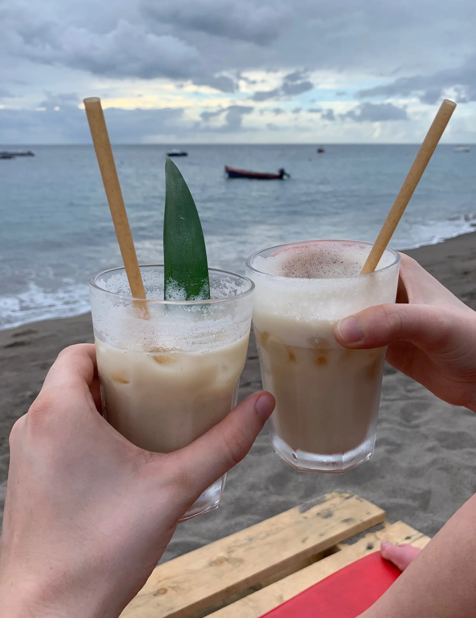 Pina coladas on the beach in Le Carbet