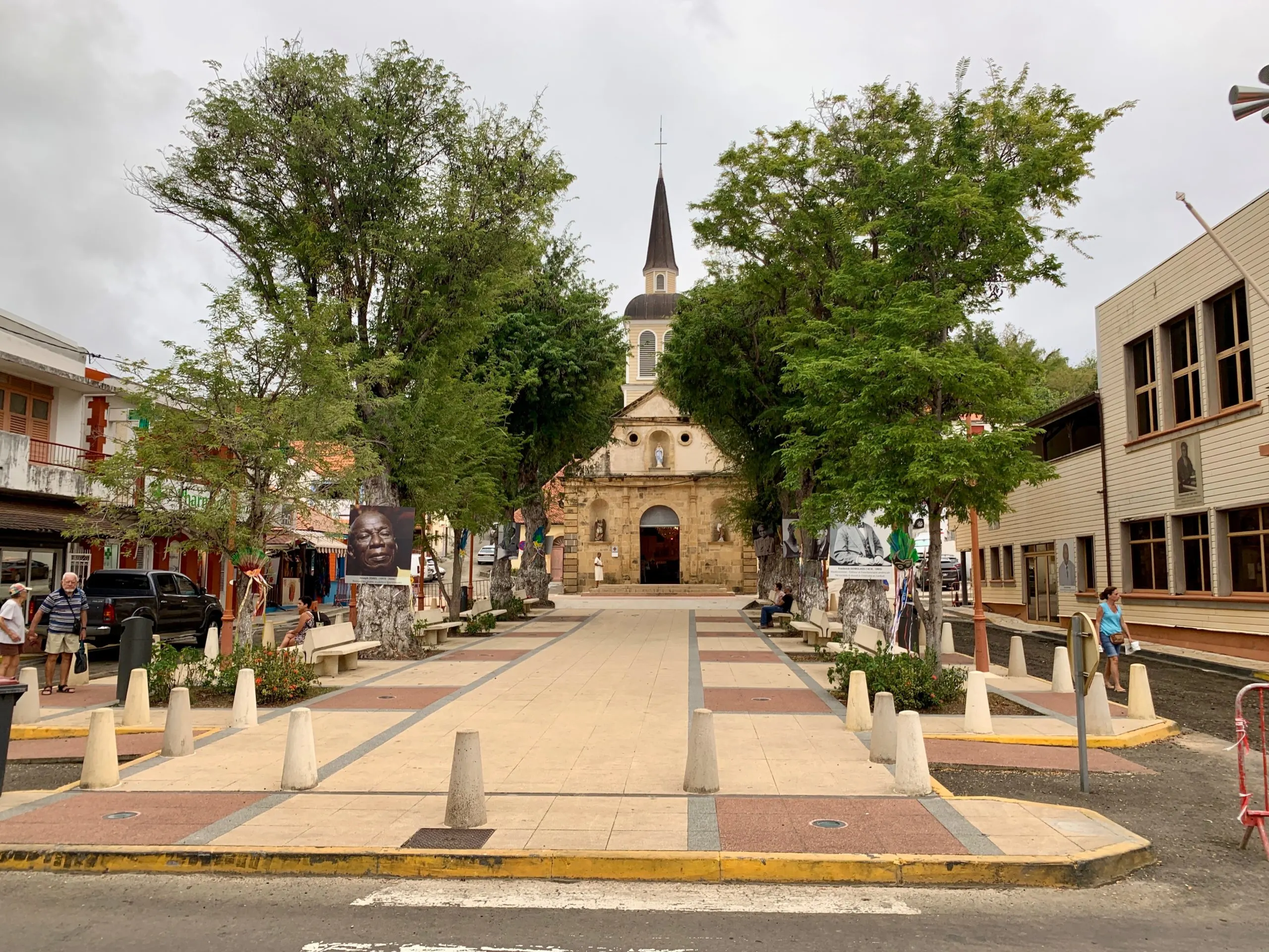 The main square and cathedral in downtown Sainte-Anne
