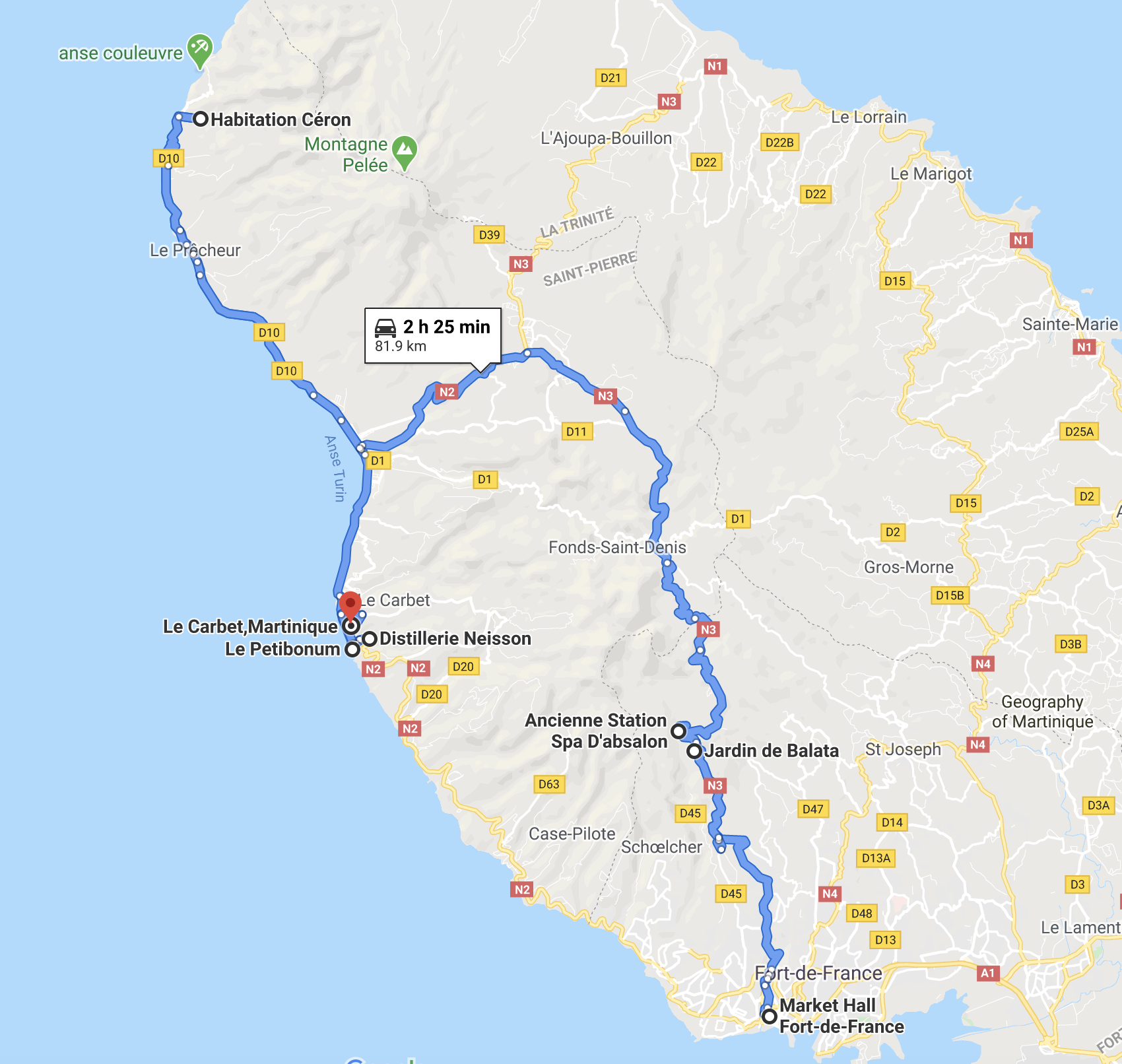 A map of the full day 1 itinerary