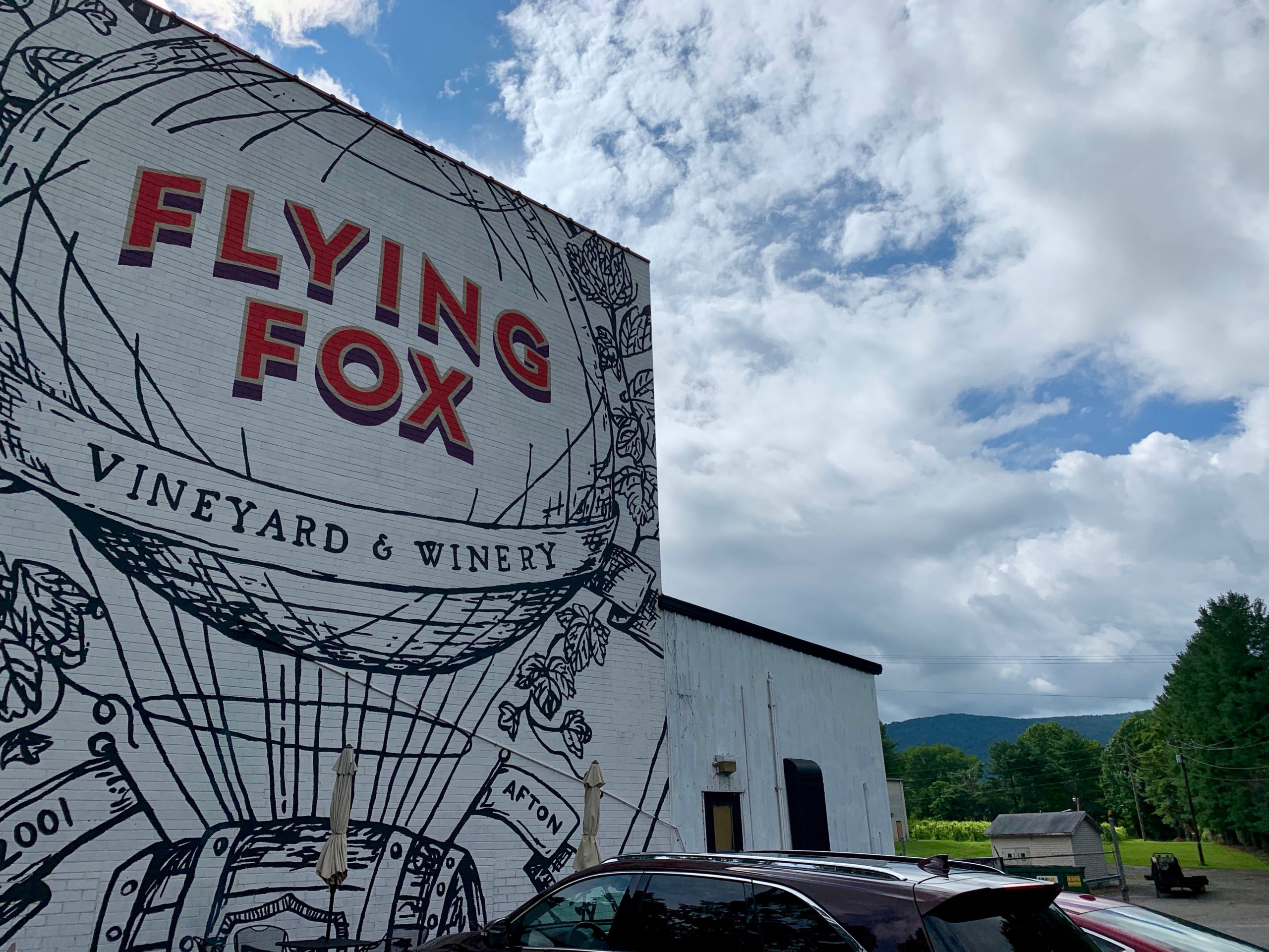 A mural on the facade of the Flying Fox tasting room