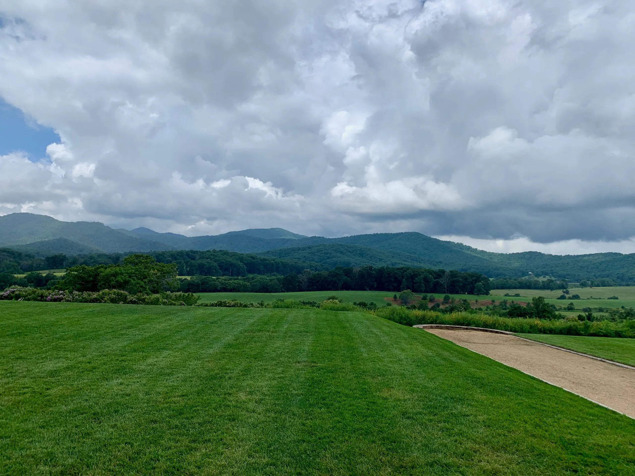 A green field with mountains in the background and Pippin Hill Farm