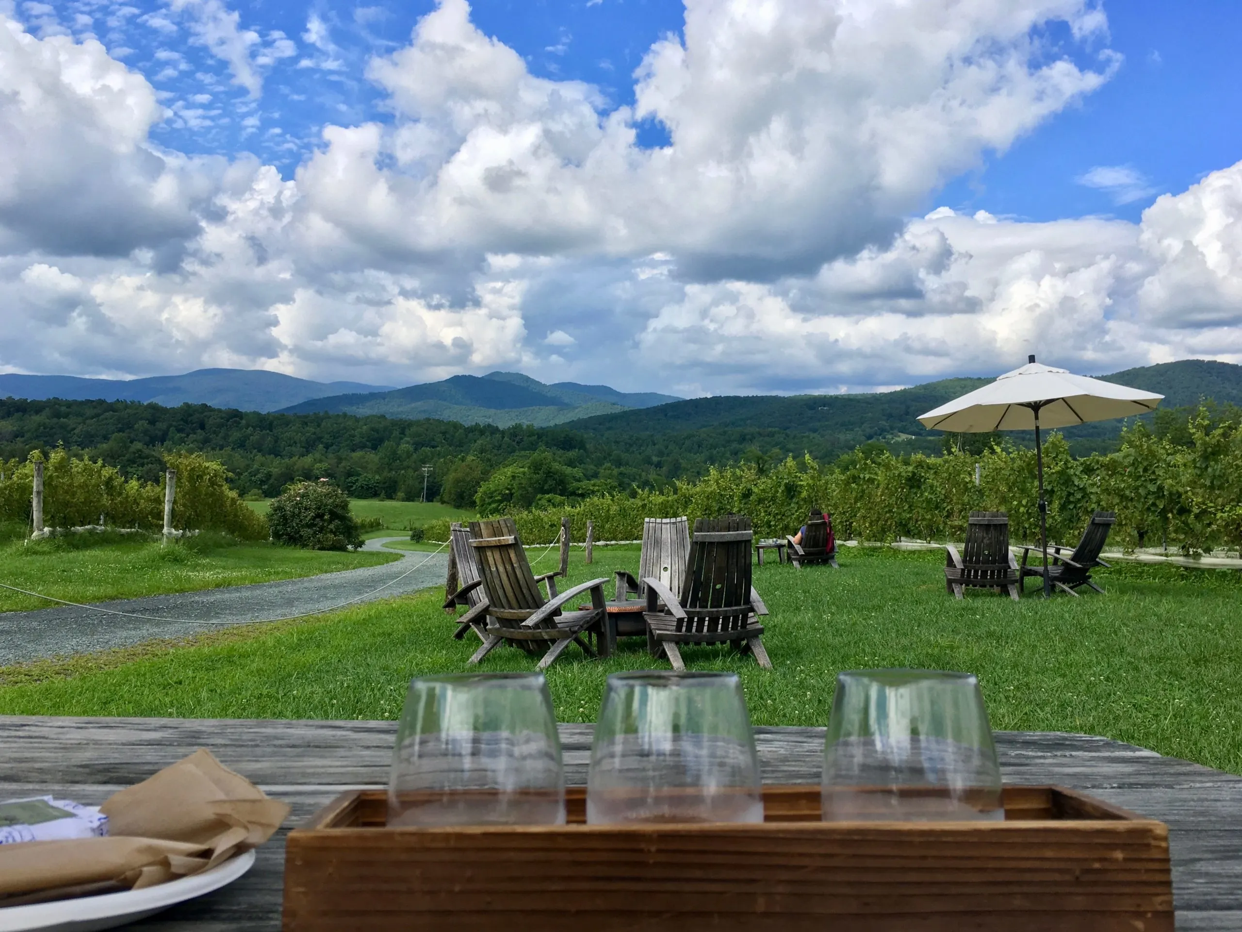 A flight of wine on a picnic table overlooking the Blue Ridge Mountains at Stinson Vineyards