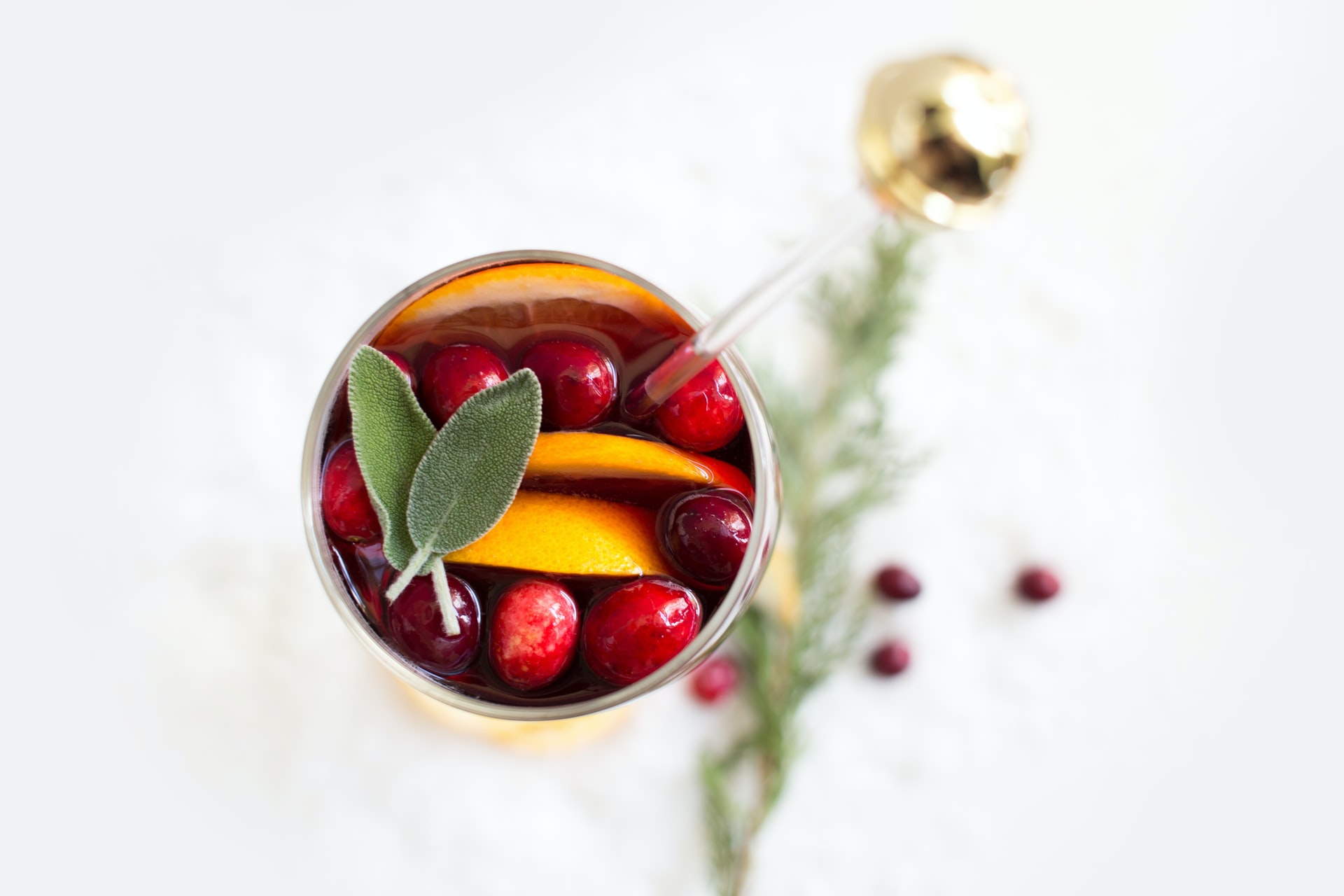 An arial view of a glass of sangria with sage, cranberries, and orange wedges.