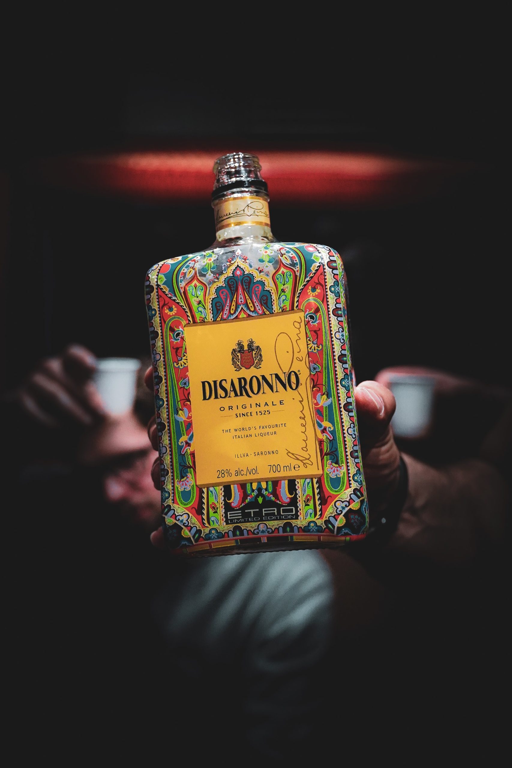 A colorful Etro limited addition bottle of Disaronno Amaretto.