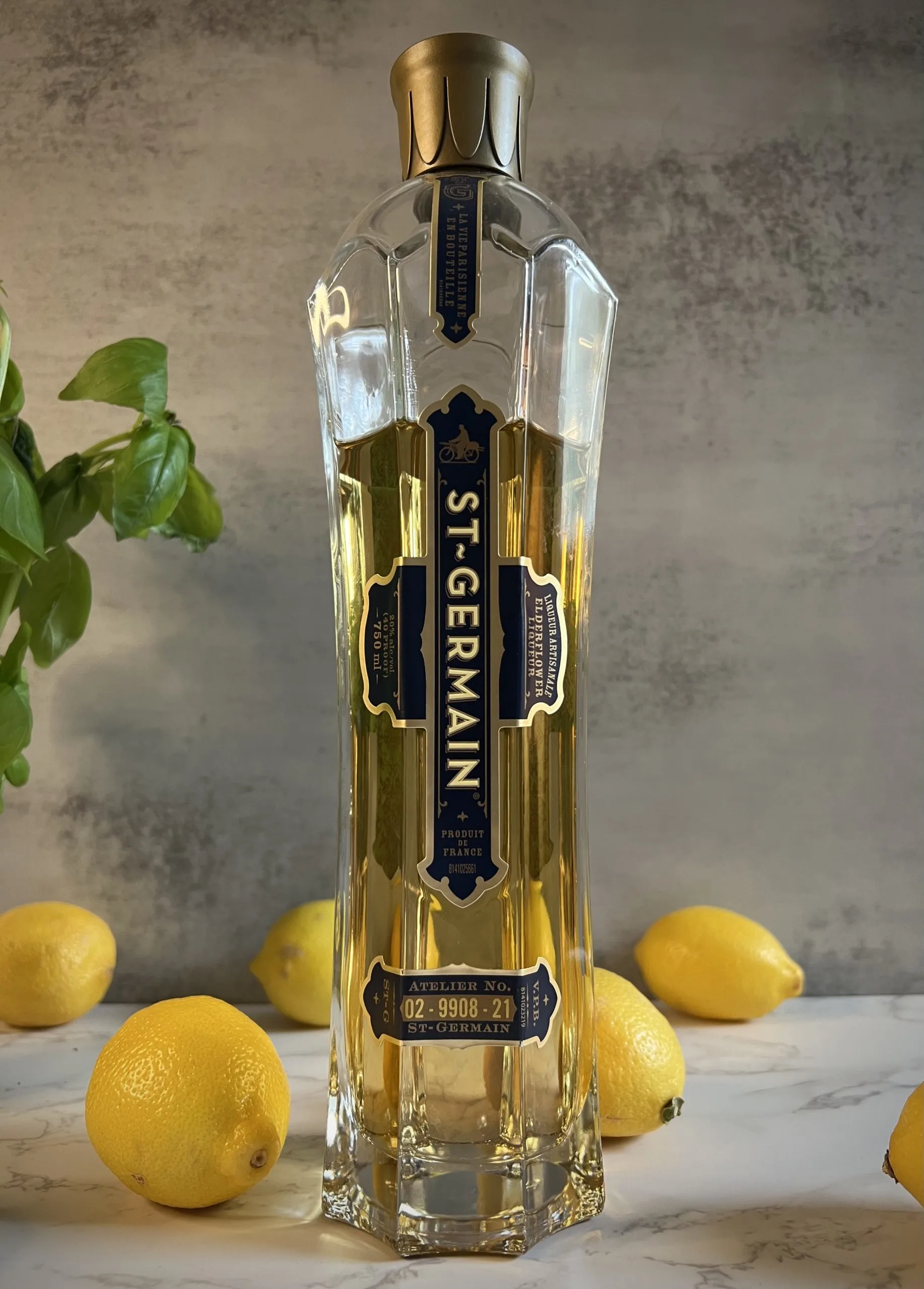 A bottle of St Germain Elderflower Liqueur on a countertop surrounded by lemons with a basil plant in the background.