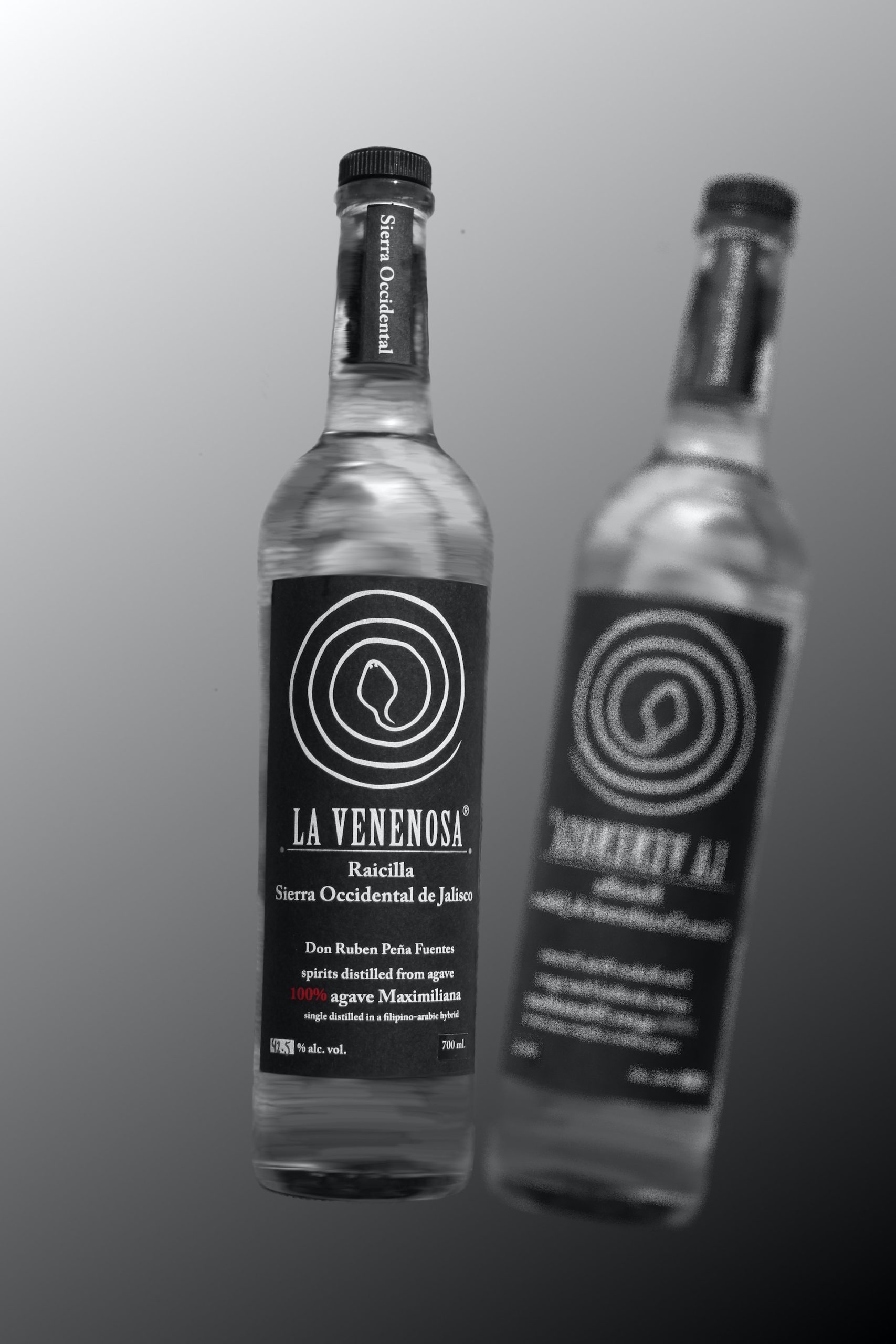 An artistic image of a bottle of raicilla with a black label and a blurred reflection of the same bottle against a grey background. 